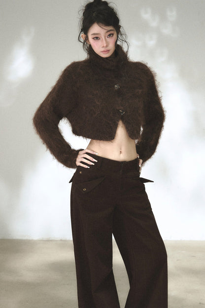 Long-Haired Turtleneck Knit Cardigan