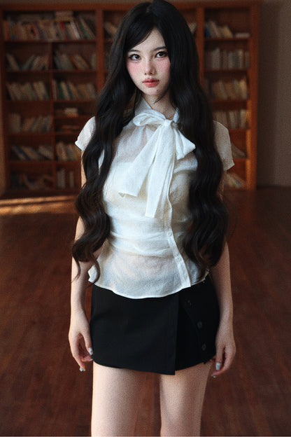 Slightly Sheer Waist-Cinching Cap Sleeve Shirt and Tube Top Set