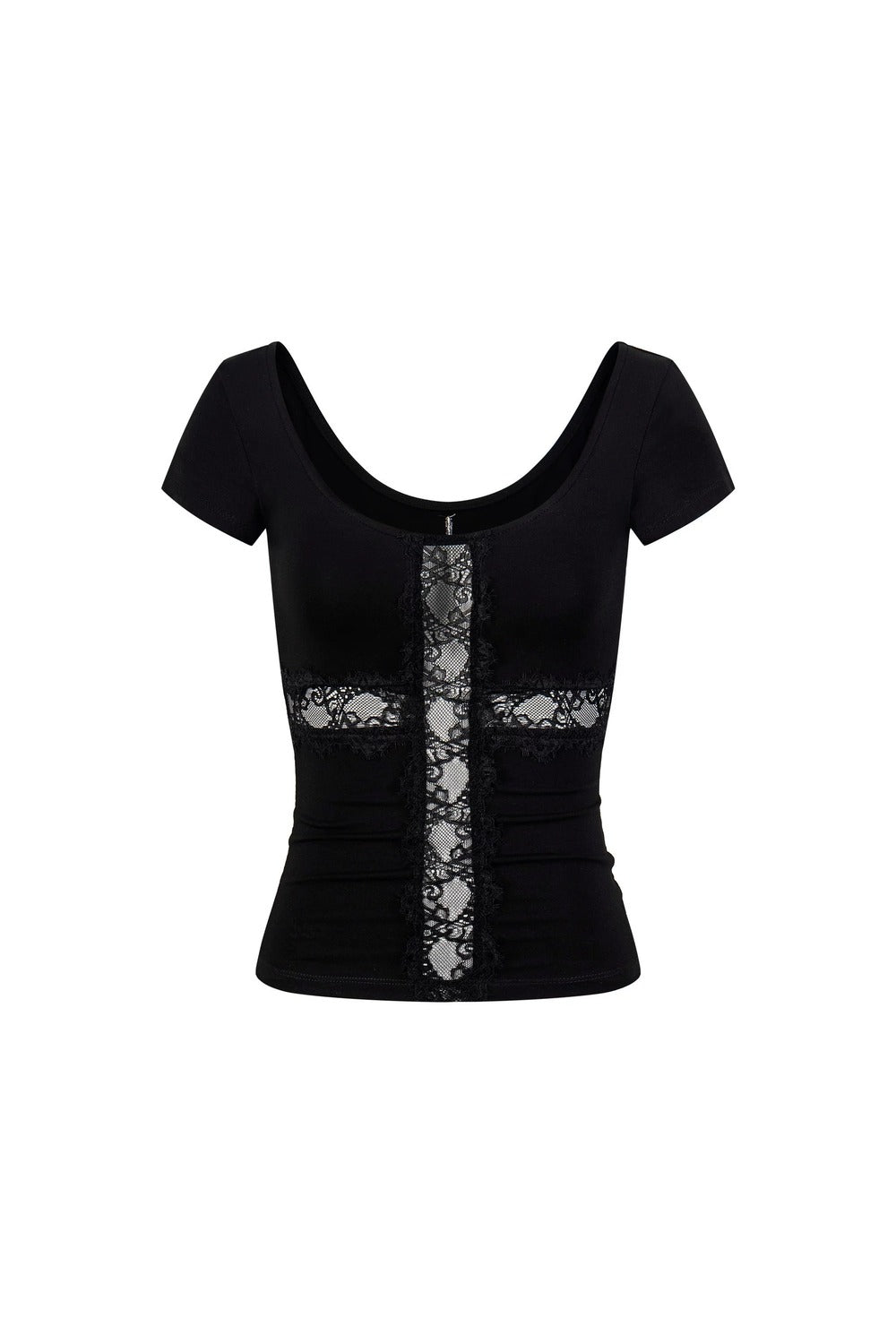 Black Lace Patchwork Short Sleeve Top