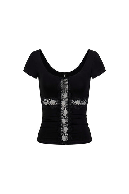 Black Lace Patchwork Short Sleeve Top