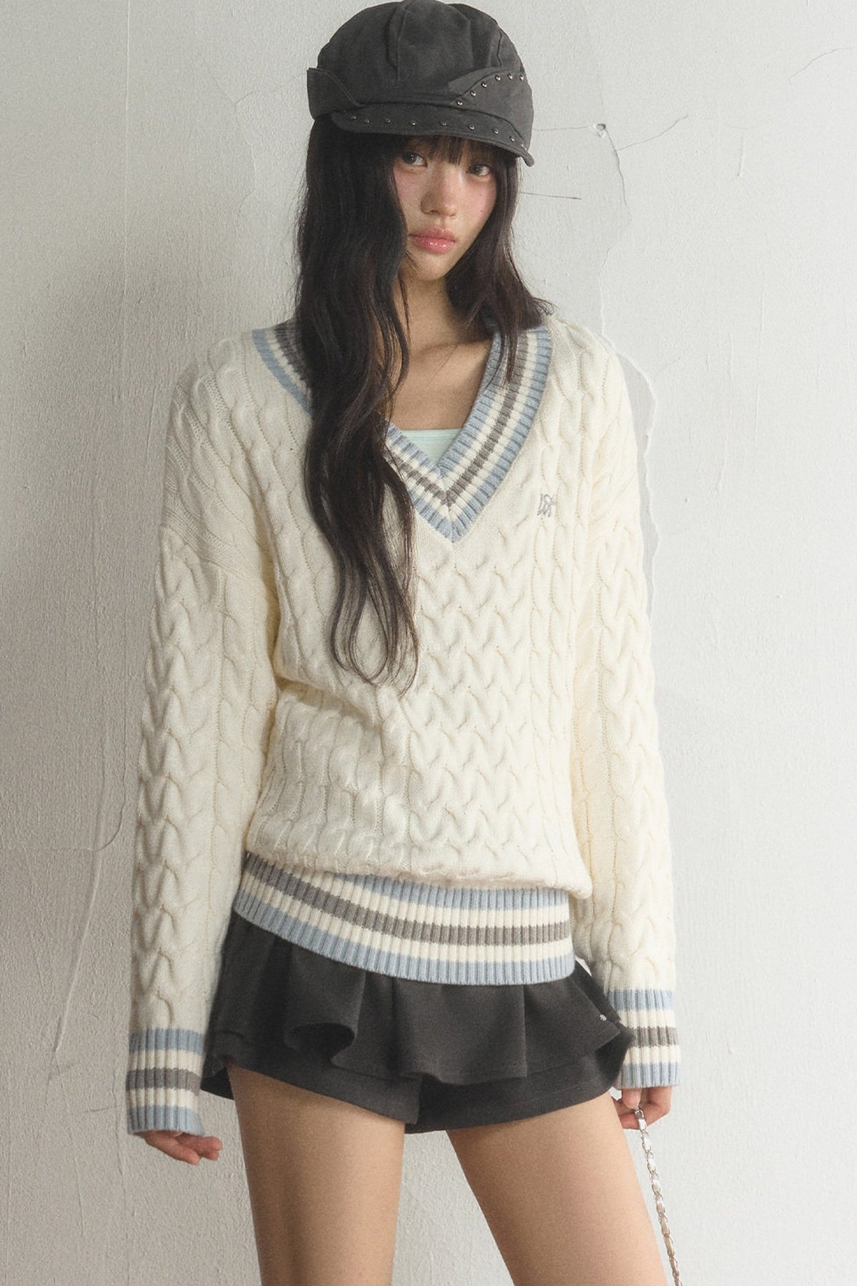 V-Neck Cable Knit Pullover Top and Pleated Skirt Set-Up