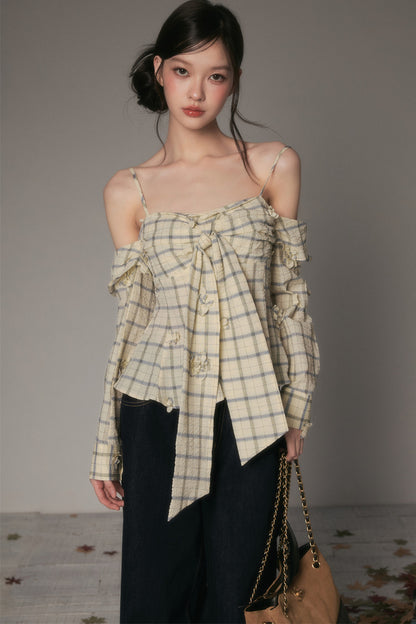 Bow-Tie Plaid Floral Long-Sleeve Tube Top