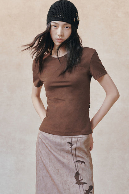 Backless Pleated Hollow-Out Short-Sleeve T-Shirt