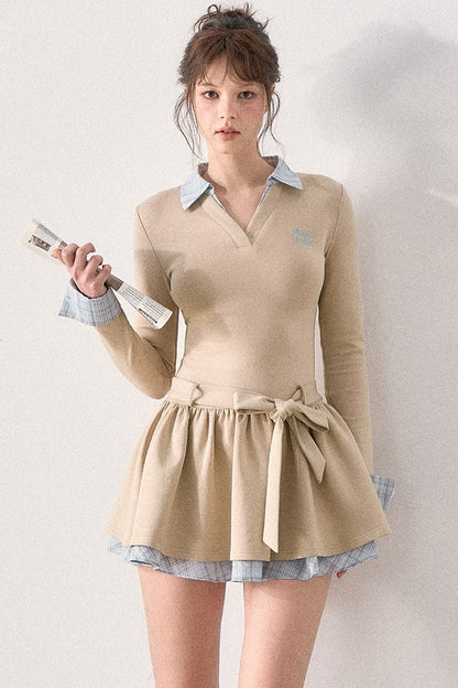 Bow Belt Knit Layered-Look Dress