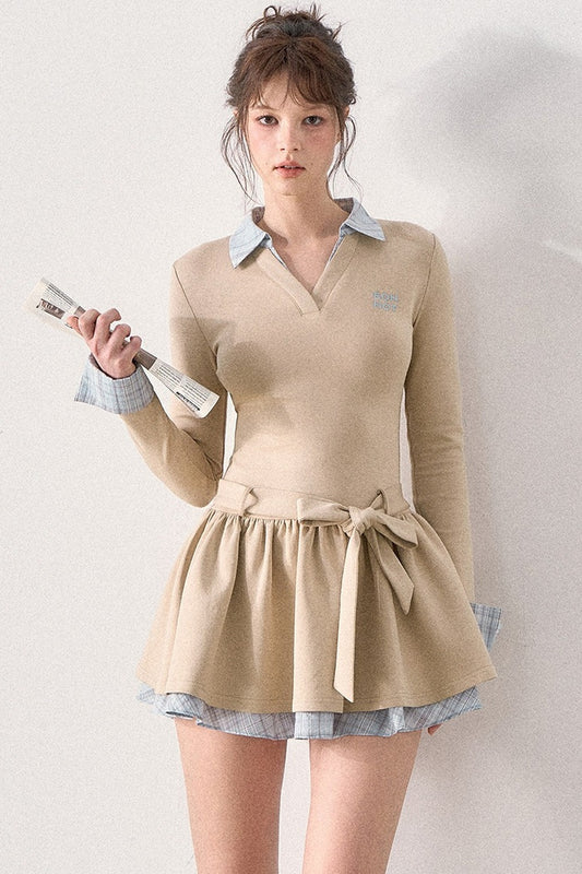 Bow Belt Knit Layered-Look Dress