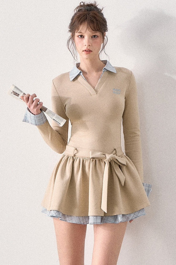 Bow Belt Knit Layered-Look Dress