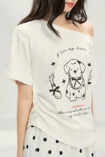 White Puppy Print Off-Shoulder Tee