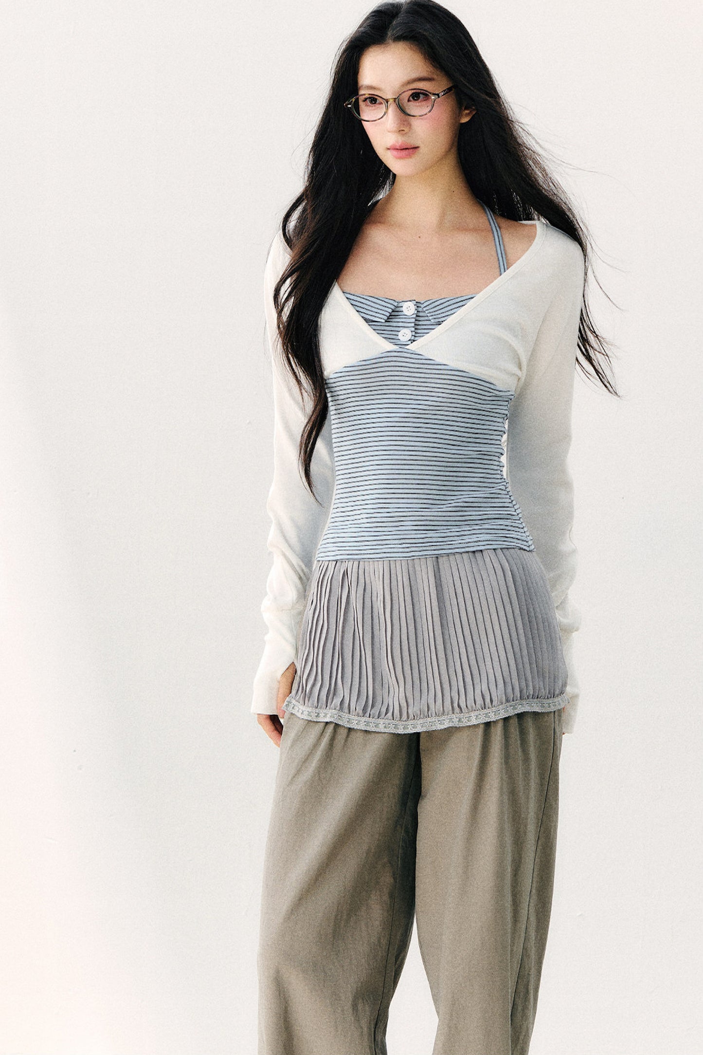 Color Block Halter Collar Long Sleeve Top
