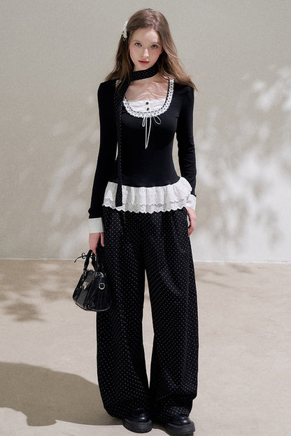 High-Waisted Polka Dot Wide-Leg Pants
