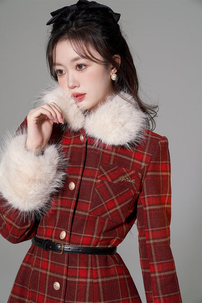 Red Christmas Plaid Woolen Coat