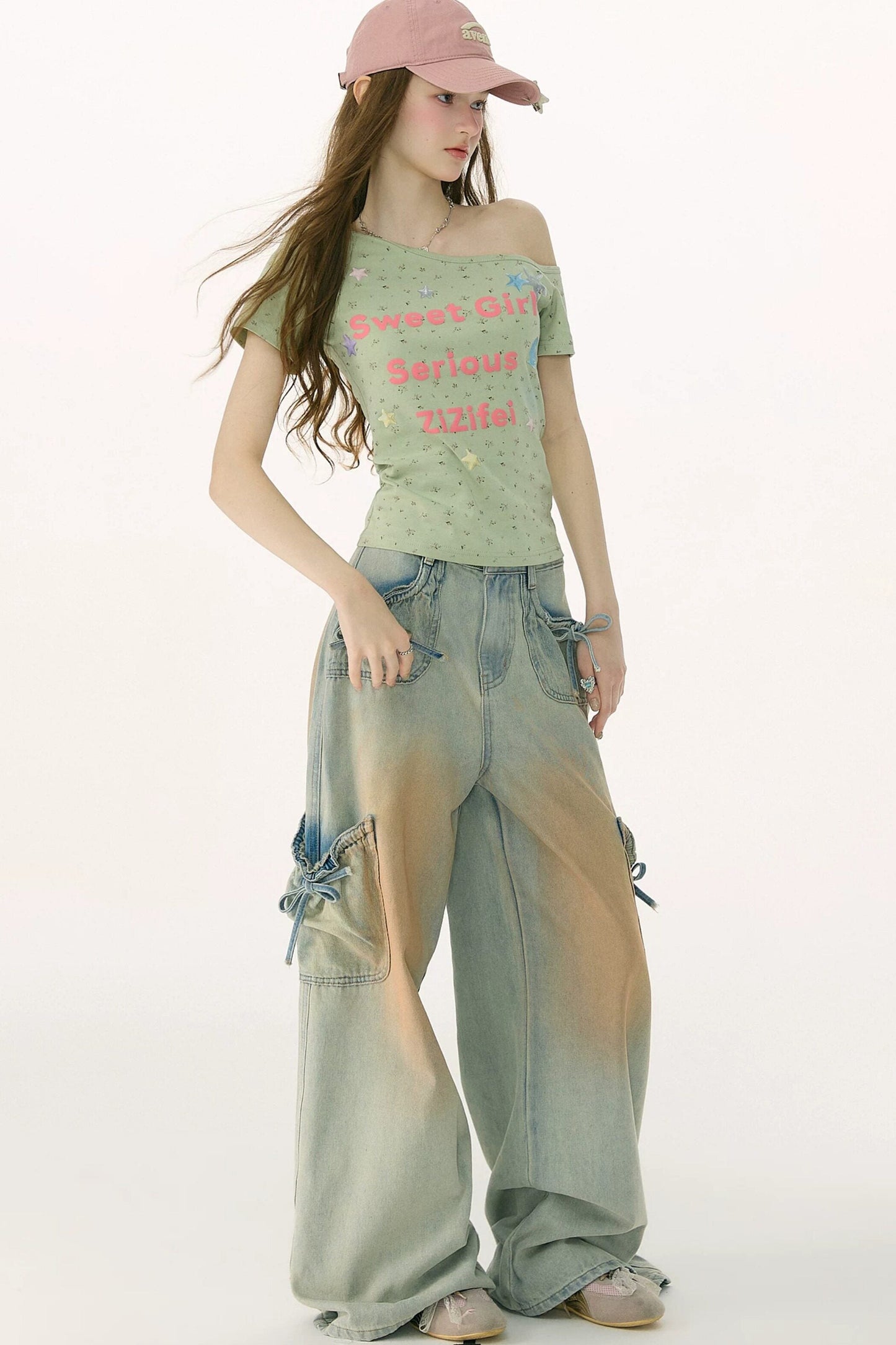 Pantaloni in denim retrò con fiocco