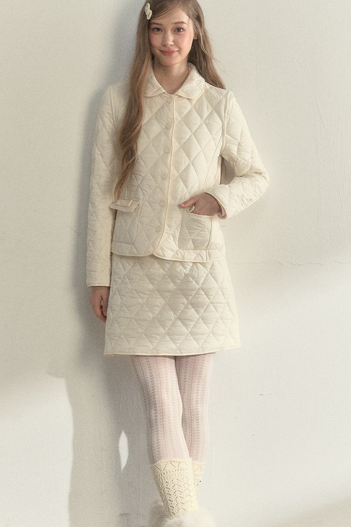Cream Quilted Doll Collar Top and Skirt Set-Up