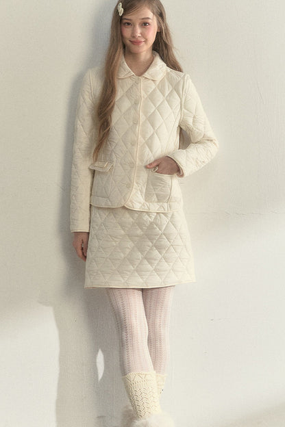Cream Quilted Doll Collar Top and Skirt Set-Up