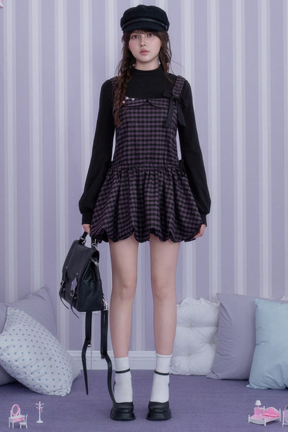 Layered-Look Plaid Long Sleeve Dress