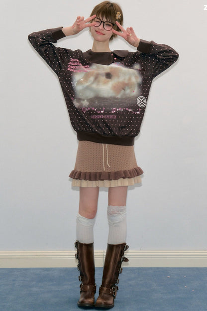 Polka Dot Rabbit Print Doll Collar Sweatshirt