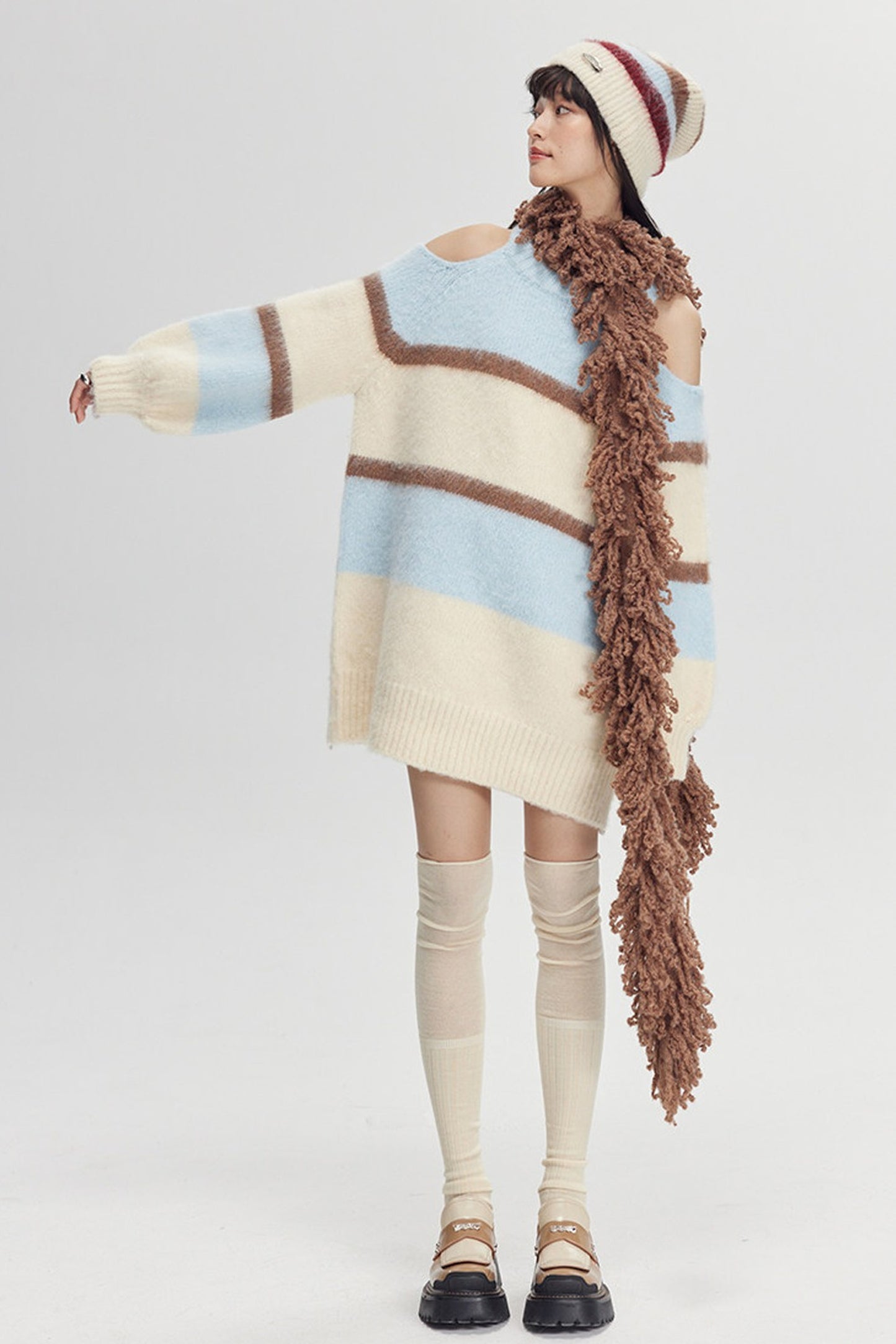 Off-Shoulder Striped Knit Sweater