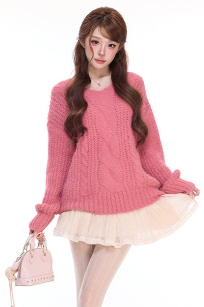 Pull ample en maille torsadée à col V