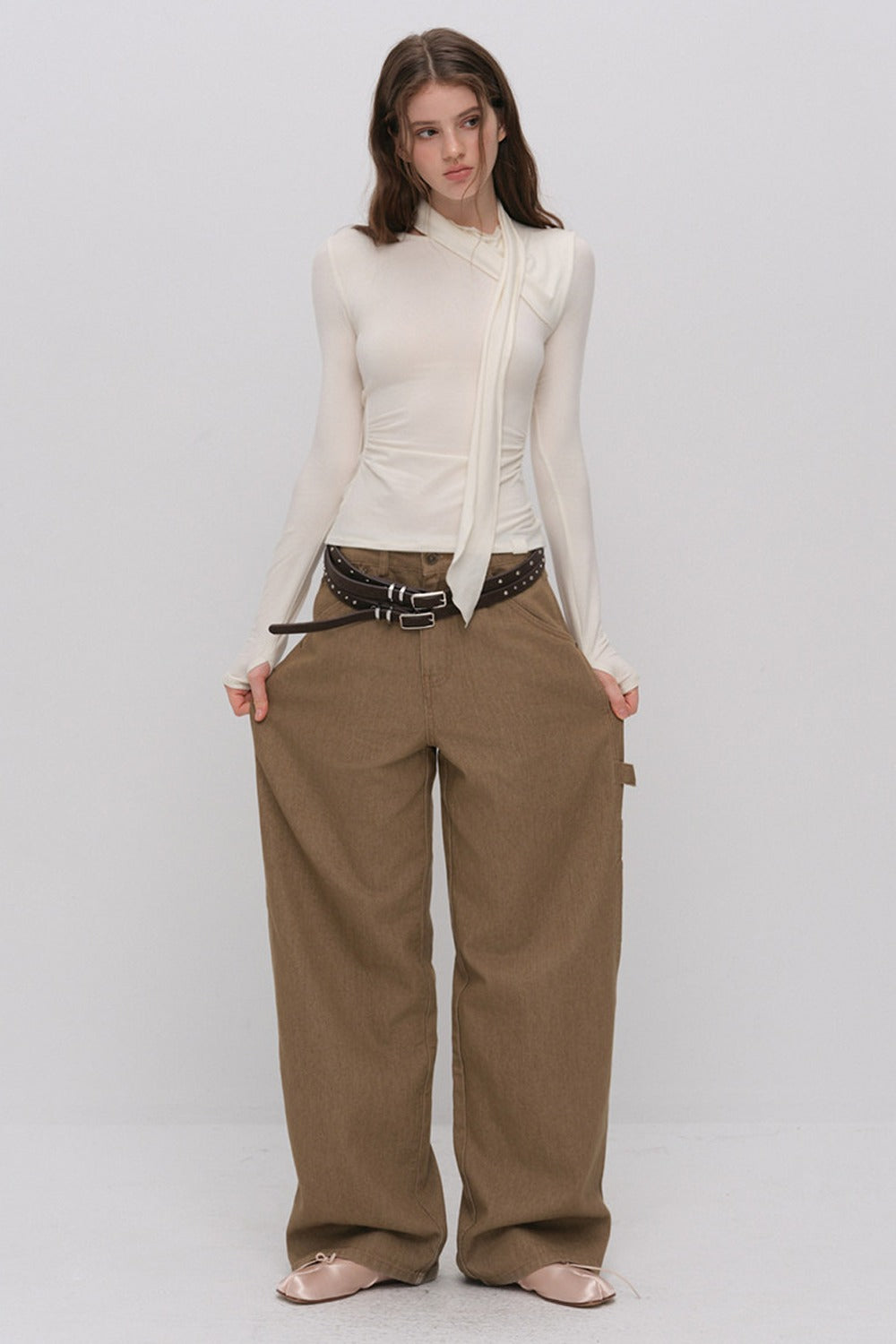 Irregular Ruched Halter Ribbon T-Shirt