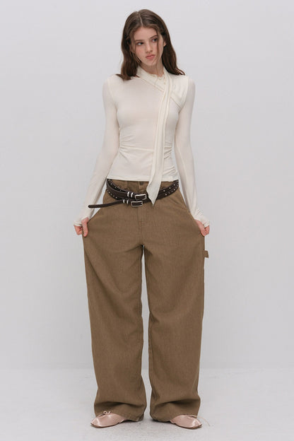 Irregular Ruched Halter Ribbon T-Shirt