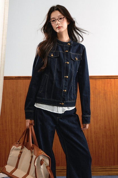 Round-Neck Gold Button Denim Jacket and Pants Set-Up