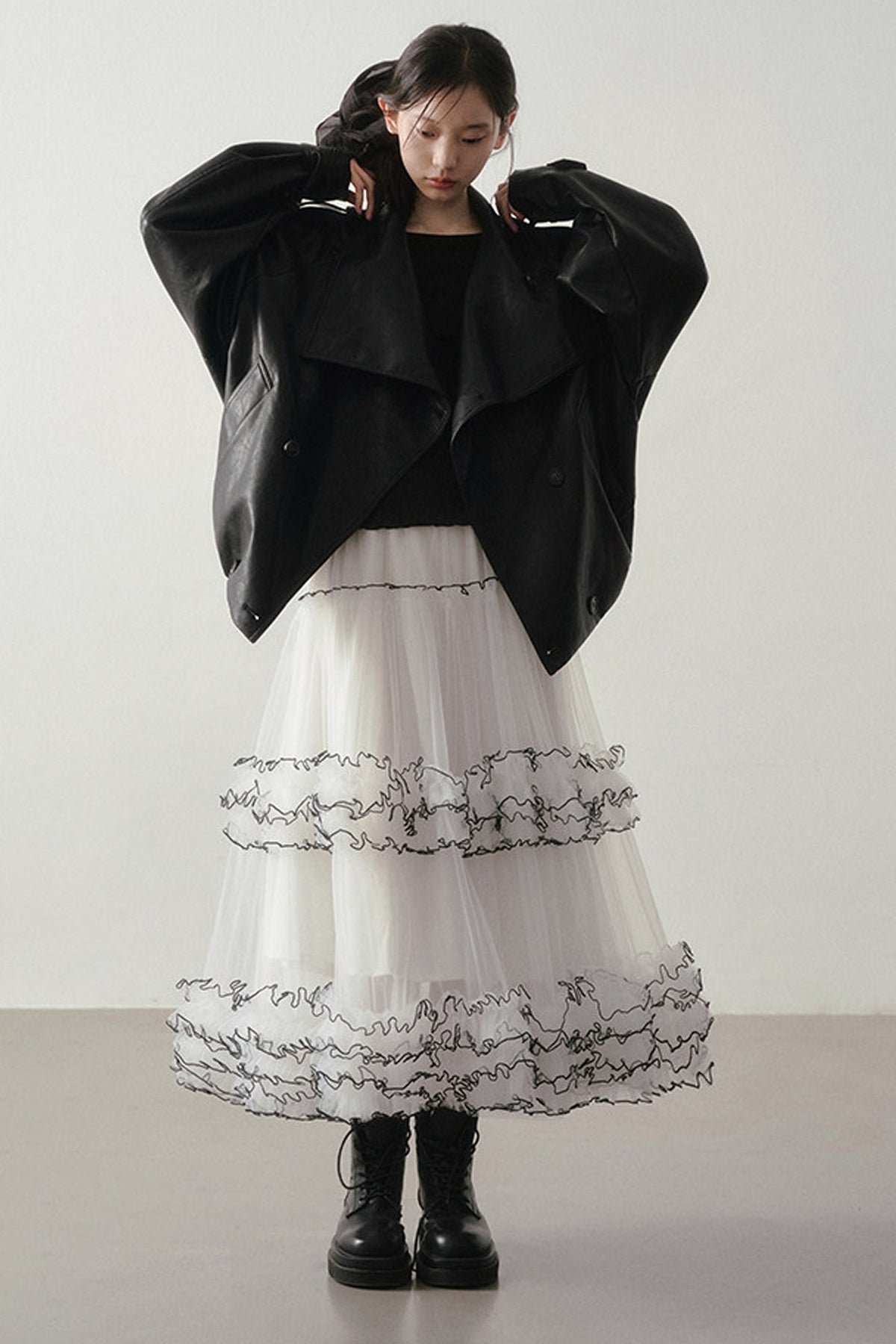 White Puffy Black Ruffle Stitching Skirt