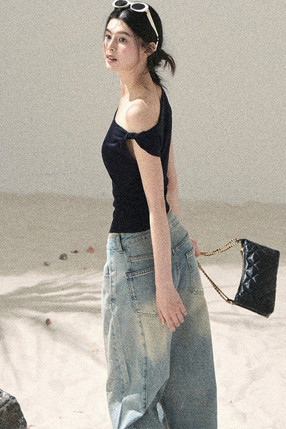 American-Style Rhinestone Wide-Leg Jeans