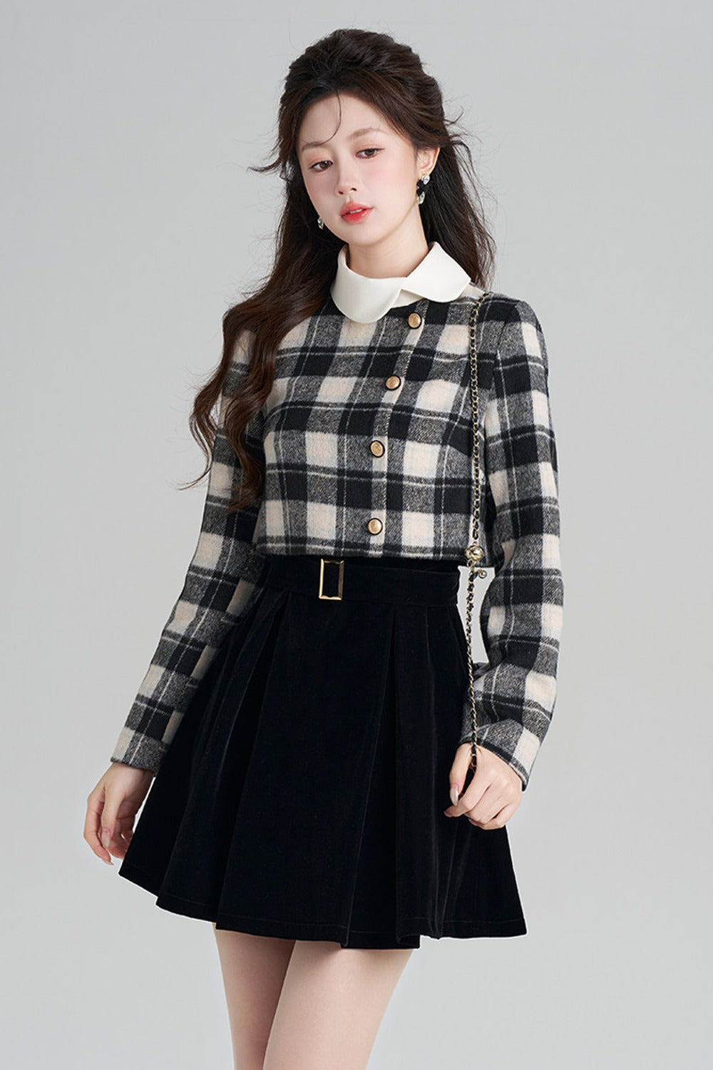 Layered-Look Plaid Velvet A-Line Dress
