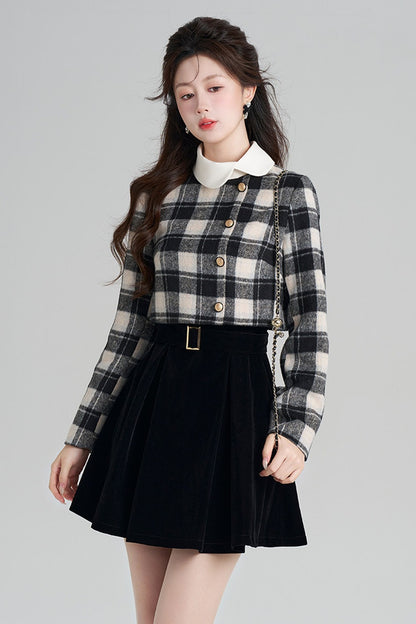 Layered-Look Plaid Velvet A-Line Dress