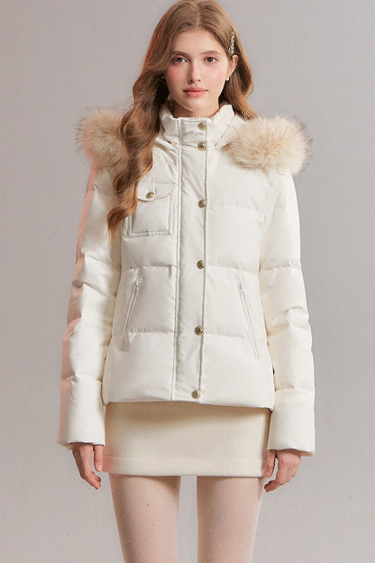 Detachable Fur Collar White Duck Down Hooded Jacket