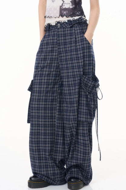 Dark Blue Plaid Wide-Leg Pants