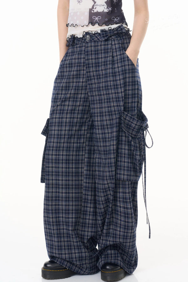 Dark Blue Plaid Wide-Leg Pants