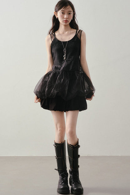 Dark Bow Mesh Blouse And Camisole Set