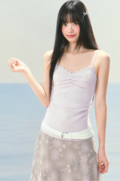 Lace Patchwork Rhinestone Camisole Set-Up