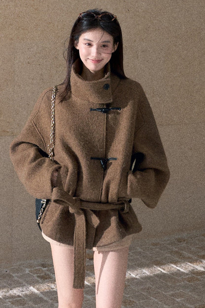 Horn Button Wool Blend Tie Coat