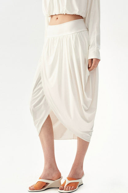 Irregular Pleated Draped Midi Skirt