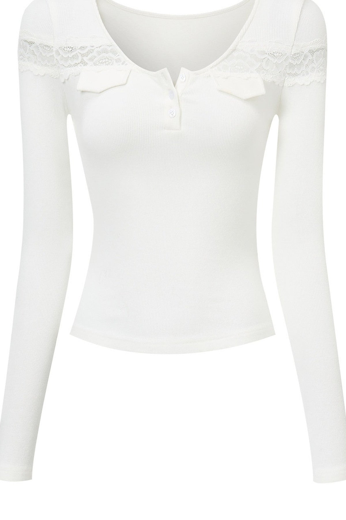 Geripptes Langarm-T-Shirt mit Spitze