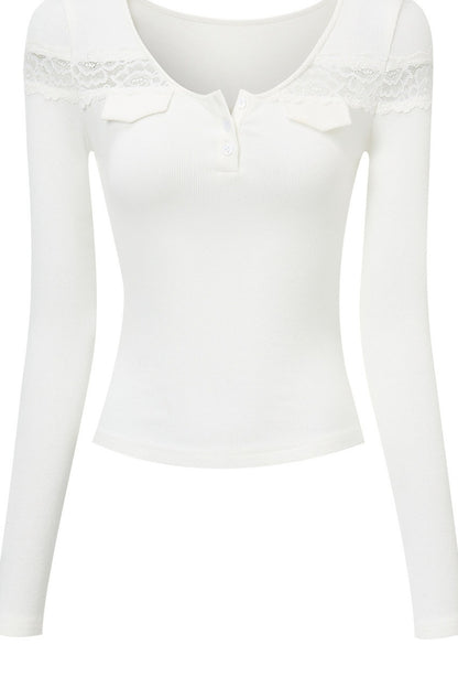 Geripptes Langarm-T-Shirt mit Spitze