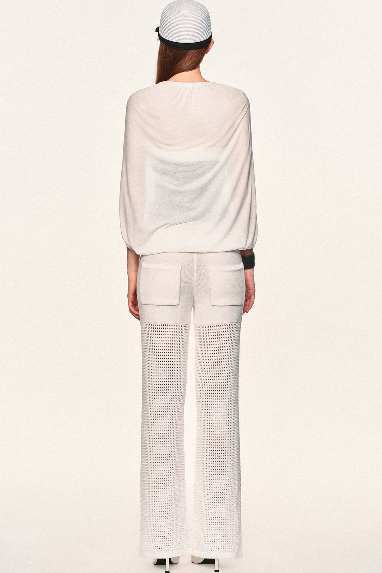 White Hollow-Out Mesh Crochet Straight Pants