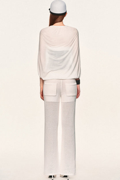 White Hollow-Out Mesh Crochet Straight Pants