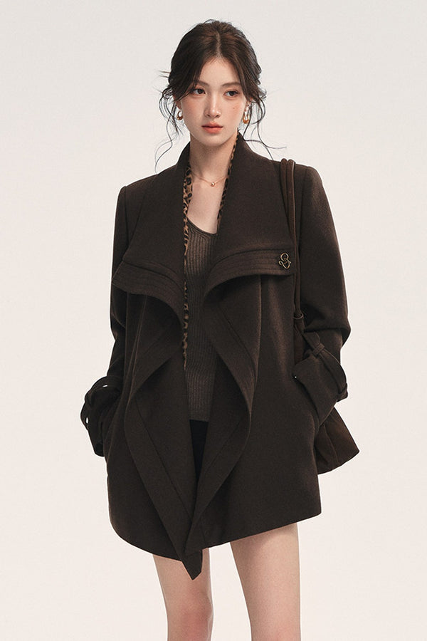 Irregular Large Lapel Woolen Tie-Up Coat