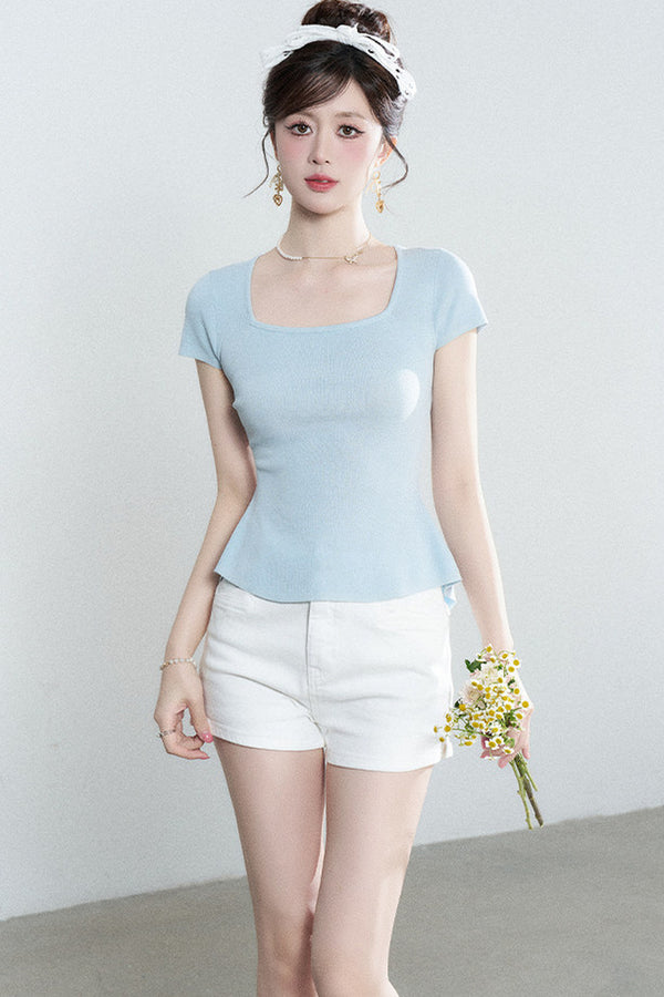Square Neck Knit Top and Polka Dot Skirt Set-Up