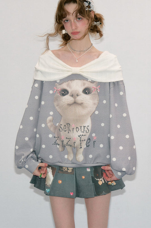 Gray Polka Dot Cat Print Sweatshirt