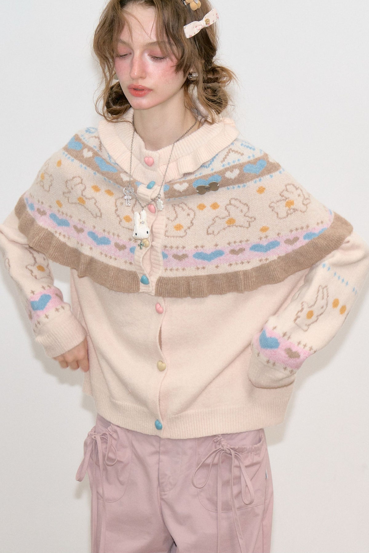 Apricot Knit Cardigan Shawl Set-Up