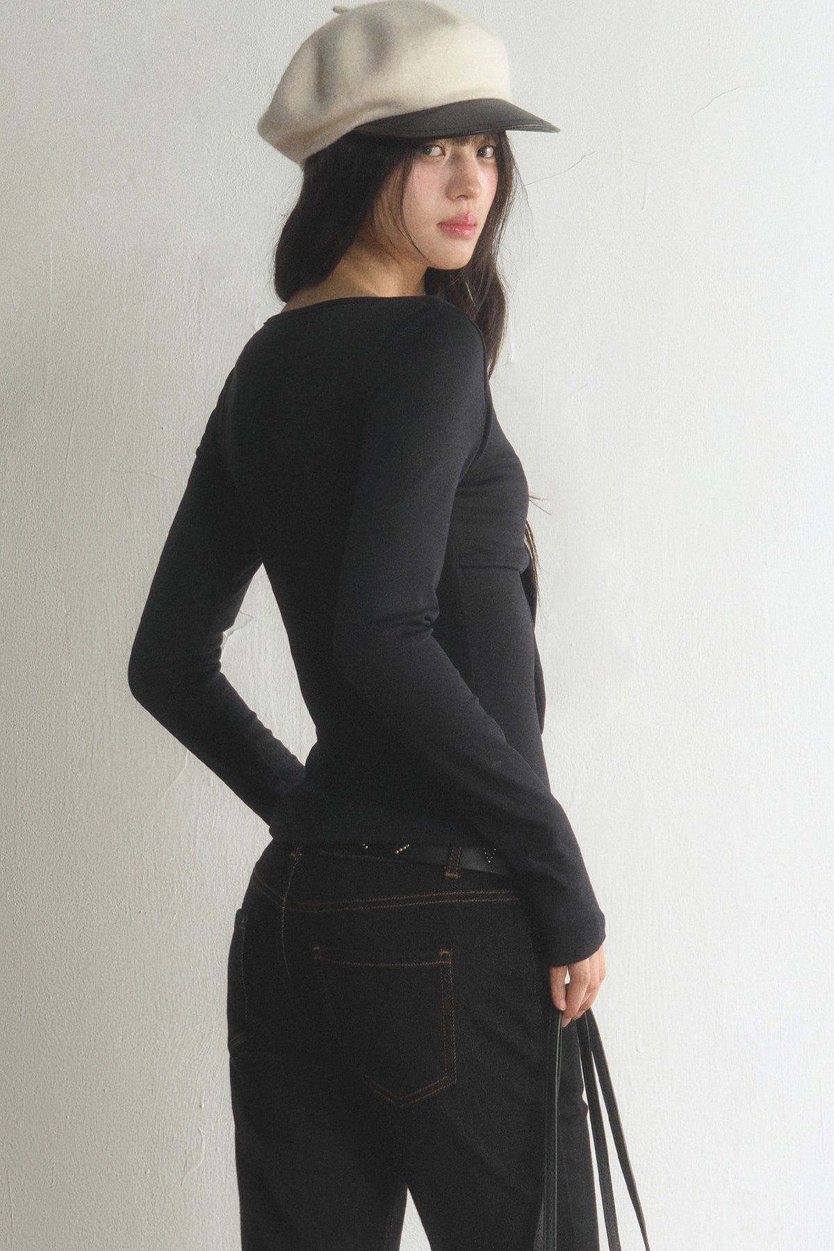 V-Neck Bow Contrast Long-Sleeve Top and Pants Set-Up