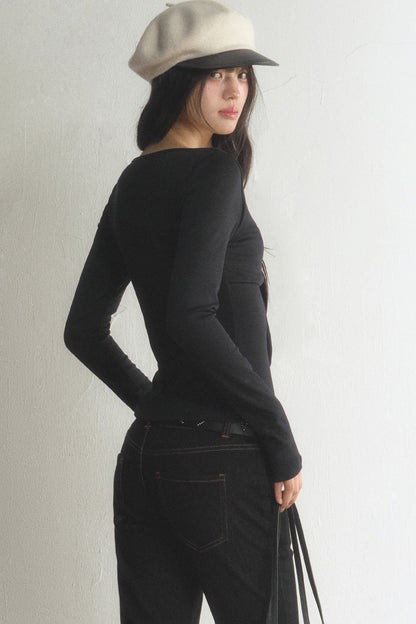 V-Neck Bow Contrast Long-Sleeve Top and Pants Set-Up