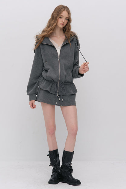 Silhouette Drawstring Hoodie and Studded Skirt Set-Up