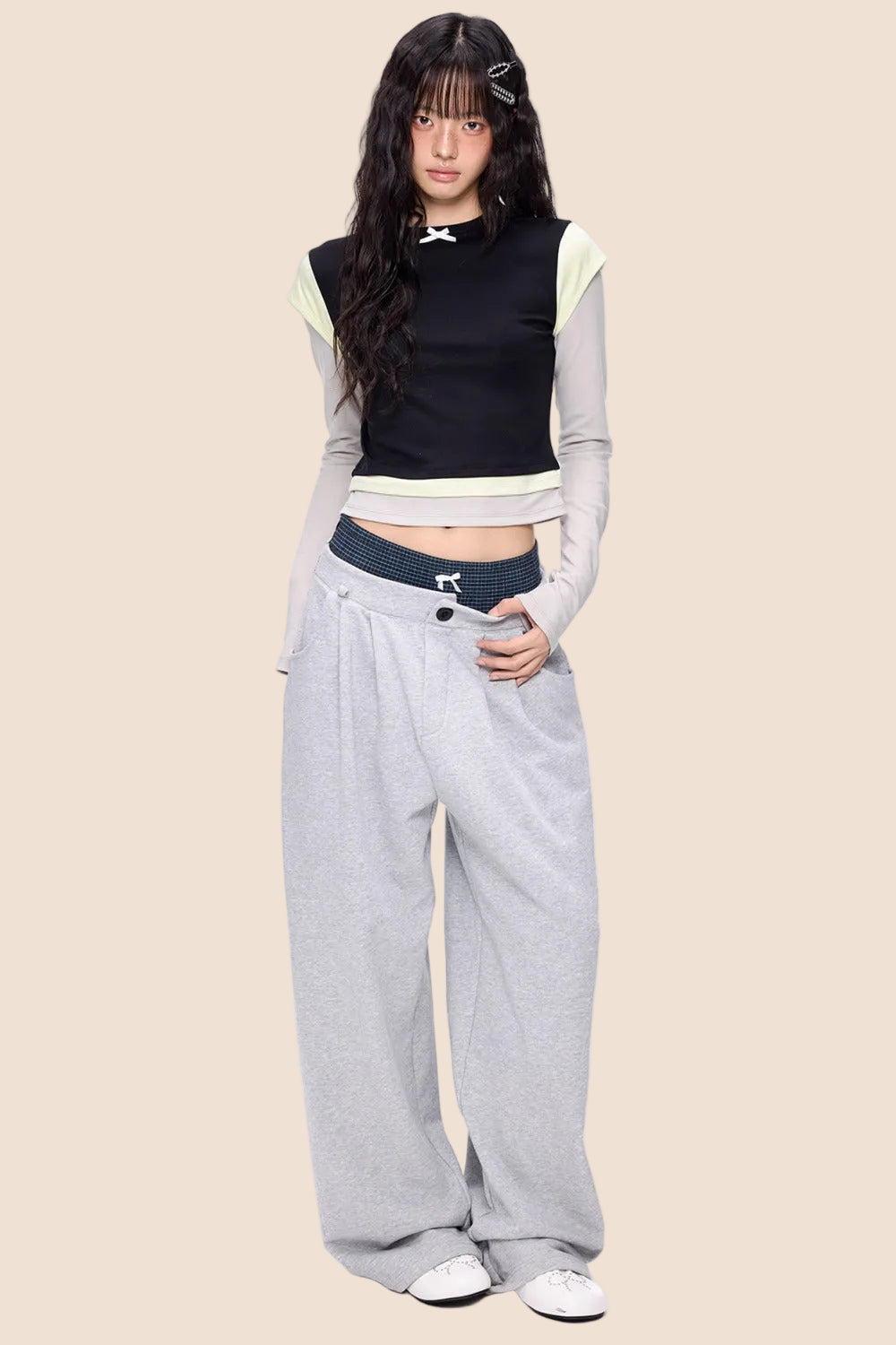 Color-Blocked Bow Long-Sleeve T-shirt