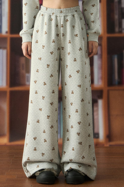 Elastic Waist Bear Print Wide-Leg Pants