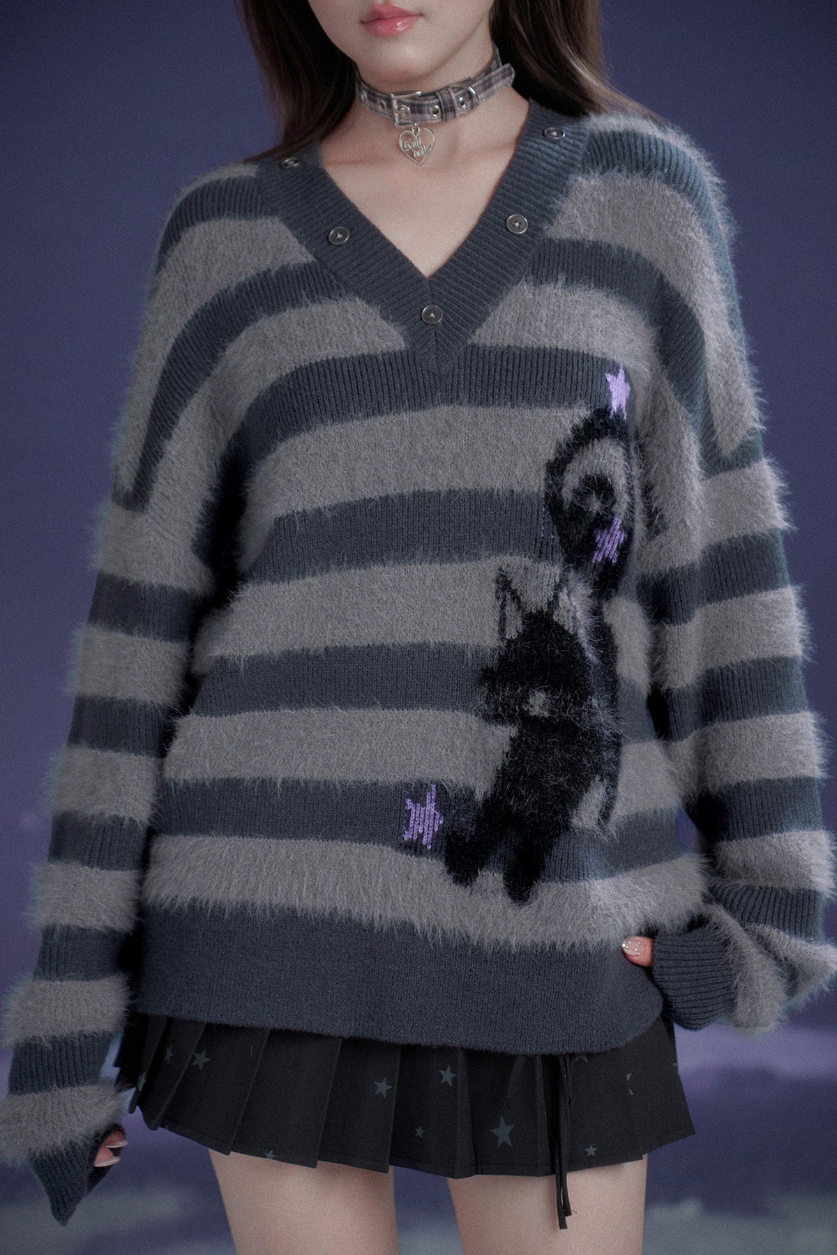 Halloween Meow Black Gray Striped Sweater With Scarf