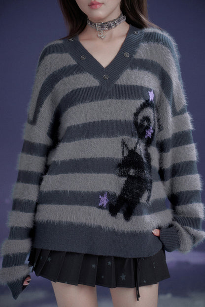 Halloween Meow Black Gray Striped Sweater With Scarf